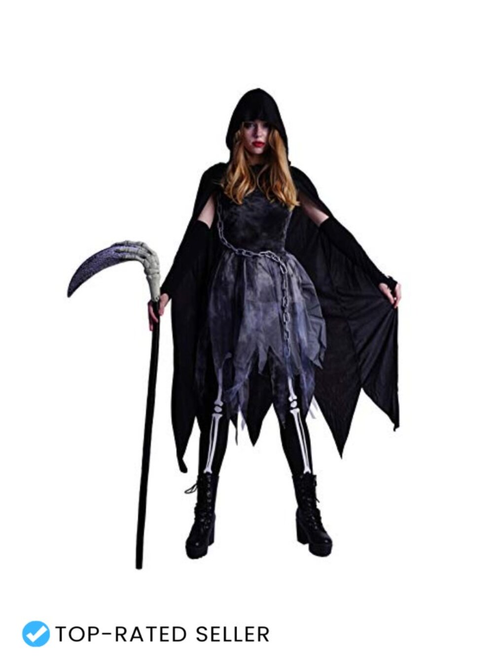 Halloween Reaper Costume Set Hooded Dress Cape Socks Arm Sleeve